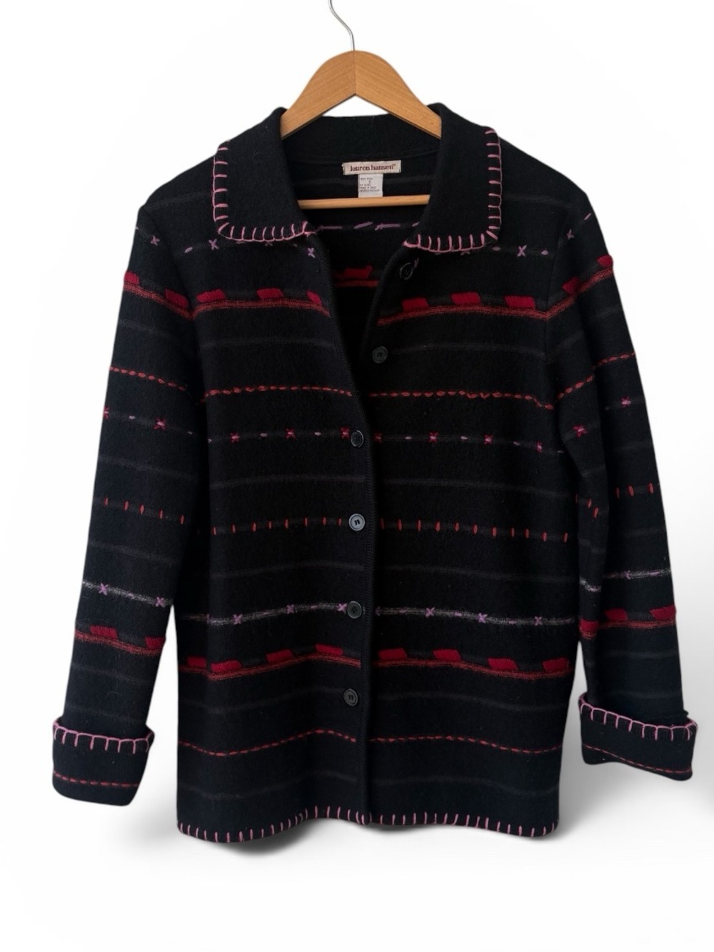 Lauren Hansen 100% Wool Embroidered Blanket Stitch Cardigan Jacket Black Pink S